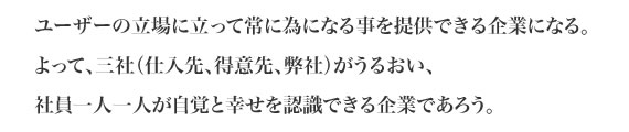 ユーザーの立場に立って常に為になる事を提供できる企業になる。よって、三社（仕入先、得意先、弊社）がうるおい、社員一人一人が自覚と幸せを認識できる企業であろう。